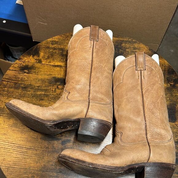 Justin Euro Elk Leather Cowboy Boots Mens Tan Made In USA Boot 1325 Size 8 - Picture 6 of 9